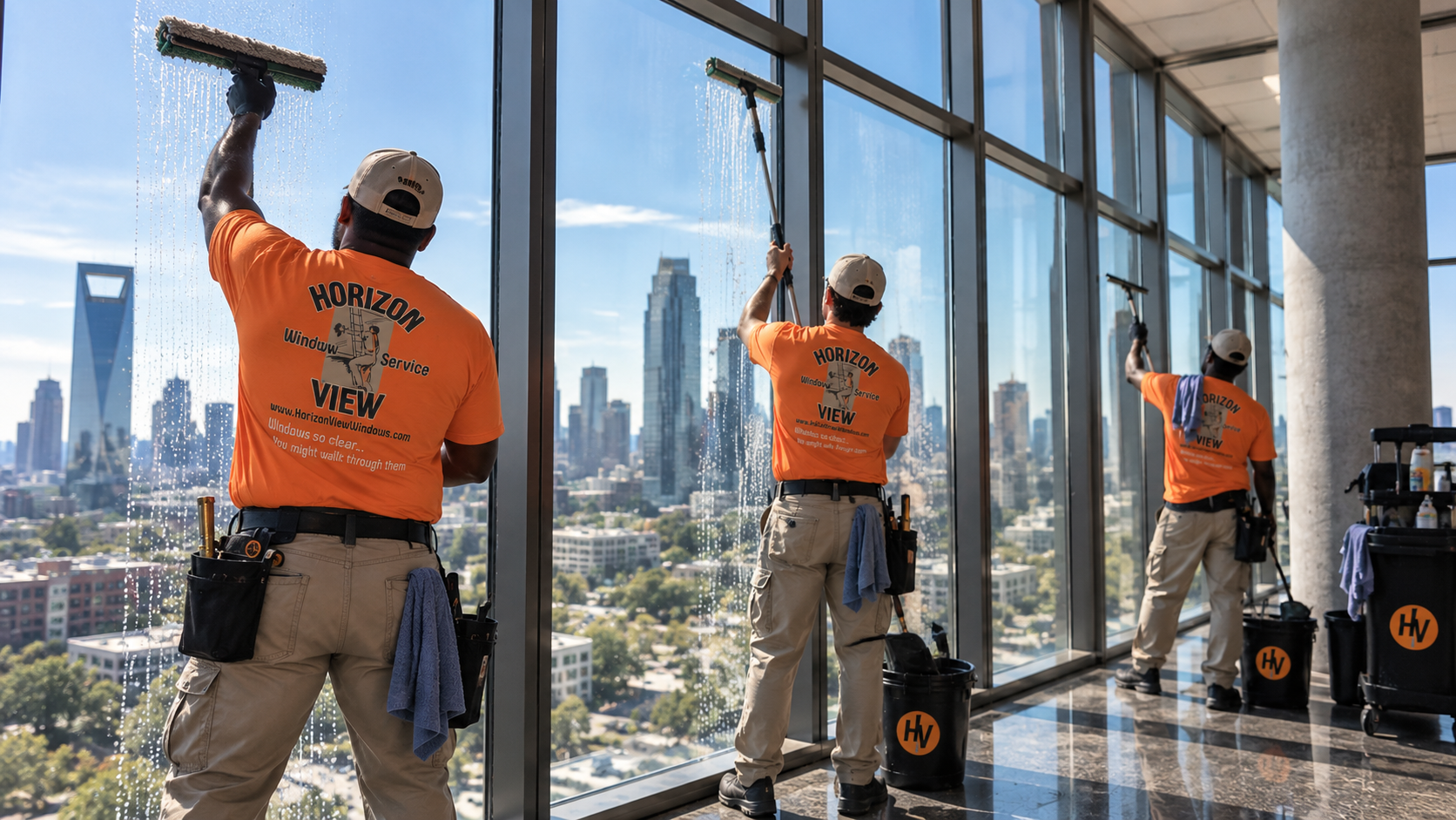 Horizon View window technician operating a water-fed pole to clean upper-story windows on a modern commercial office building