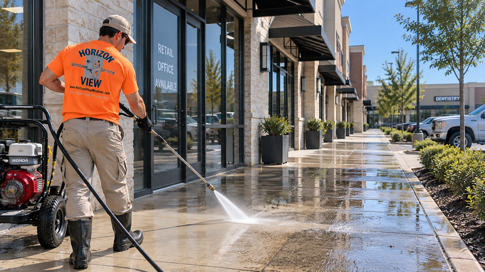 Spotless clean commercial concrete walkway and entrance plaza with bright restored surface