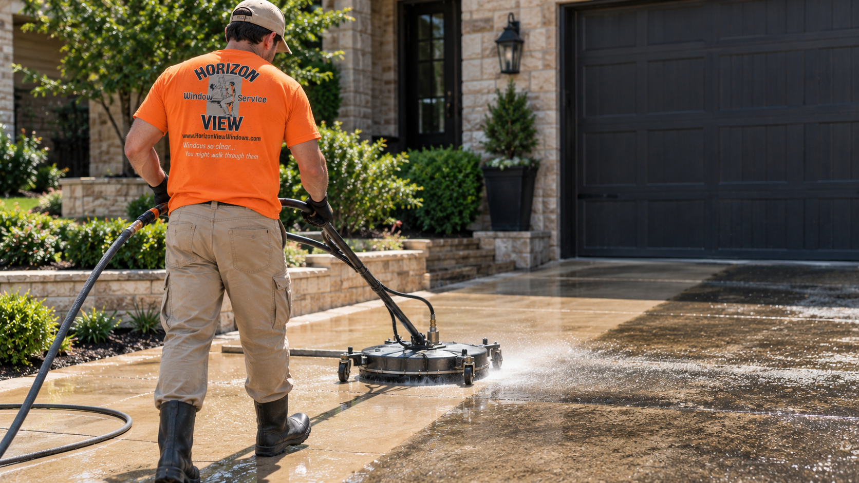 Commercial pressure washing on concrete driveway lifting oil stains