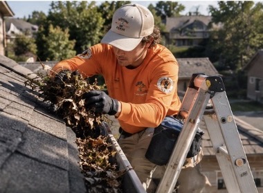 Horizon View technician on ladder with safety gear scooping debris and clearing residential gutters on a DFW home