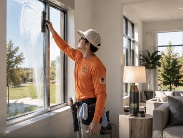 Horizon View technician operating an exterior pure water fed extension pole on second story home windows