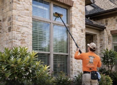 Horizon View technician in bright orange polo and khaki hat squeegeeing large home window in Dallas Fort Worth neighborhood