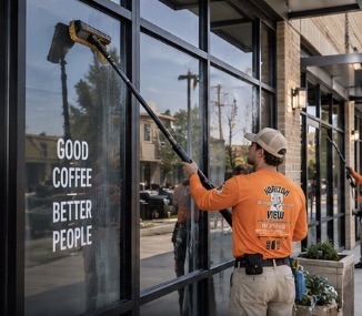 Horizon View technician in bright orange polo washing modern commercial retail glass storefront