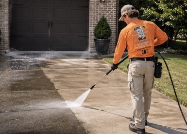 Horizon View technician in orange uniform using high pressure surface cleaner on a residential concrete driveway