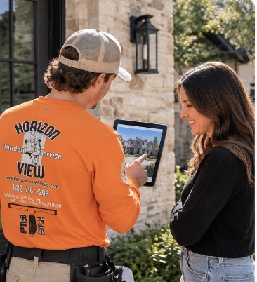 Horizon View technician in bright orange uniform consulting with a homeowner