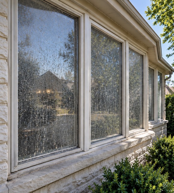Weathered residential brick home window covered in dust and hard water haze before cleaning