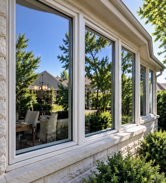 Pristine, crystal-clear bay windows reflecting bright Texas sunlight after Horizon View window cleaning