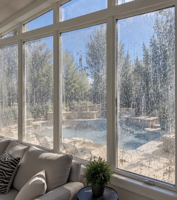 Cloudy sunroom glass covered in heavy mineral scale and dust on a Fort Worth residence