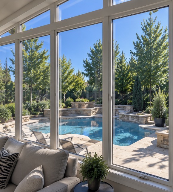 Horizon View technician in bright orange polo and khaki hat finishing flawless streak-free sunroom glass