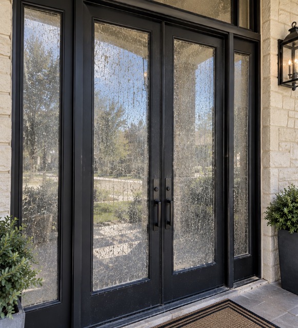 Grime-coated and sprinkler-stained patio French door glass on a suburban Plano home