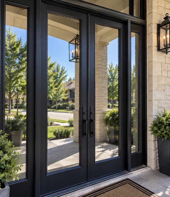 Immaculate clear glass French doors overlooking a landscaped Texas backyard after deep glass restoration