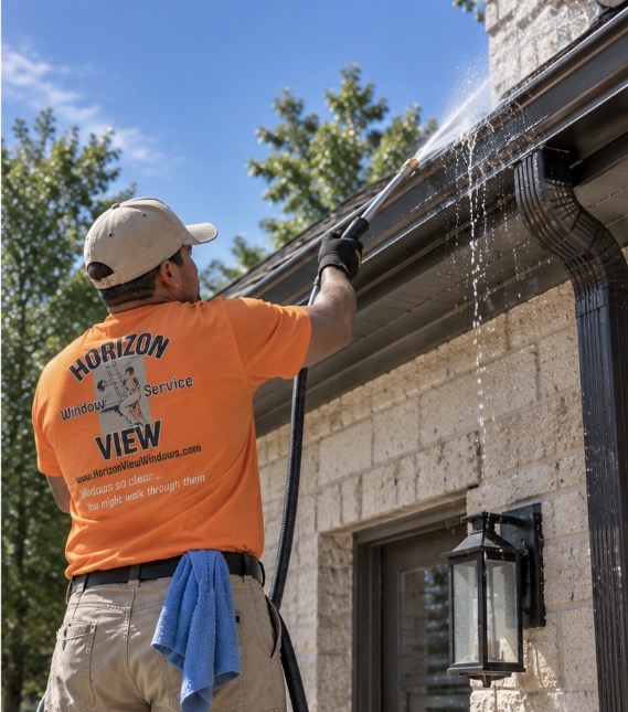 Horizon View technician in orange uniform flushing downspout with water hose to clear underground drainage