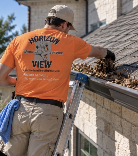 Horizon View technician clearing gutters and downspouts for proper foundation drainage