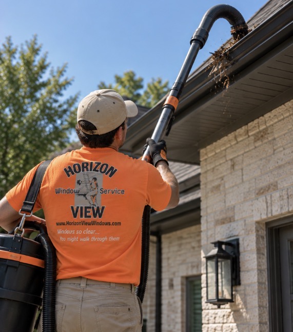 Horizon View technician wearing bright orange polo scooping damp leaf debris out of gutter into collection bucket