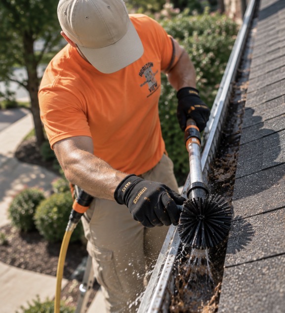 Horizon View technician clearing gutters and washing exterior glass in Fort Worth