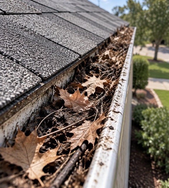 Horizon View technician washing exterior glass and gutters in Fort Worth