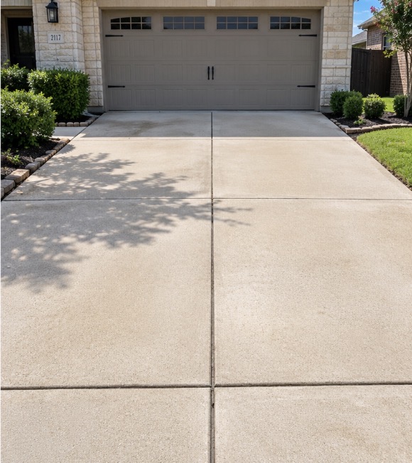 Bright, spotless concrete driveway at a Plano TX home after hot-water pressure washing