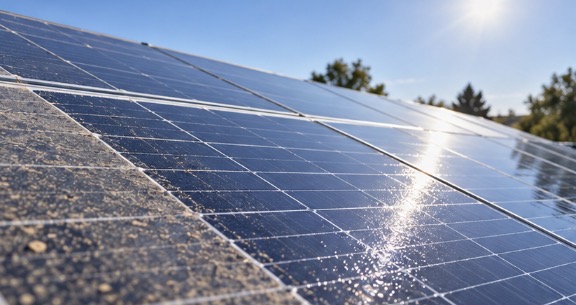 Horizon View technician using soft water-fed solar brush and safety equipment to clean rooftop solar panels