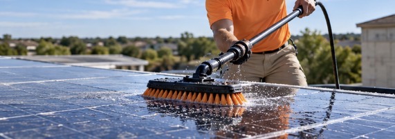 Horizon View technician using soft water-fed solar brush and safety equipment to clean rooftop solar panels