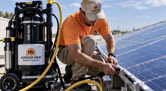 Horizon View technician in bright orange polo and khaki hat operating pure deionized water filtration system for solar panels