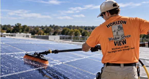 Horizon View technician performing gentle low-pressure pure water rinse on residential solar array