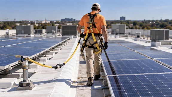 Horizon View technician in safety harness, bright orange polo, and khaki hat conducting careful roof and solar inspection
