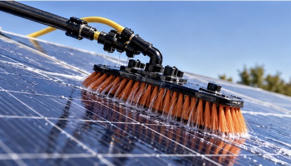 Technician in bright orange polo and khaki pants using a soft-bristle water-fed pole brush on rooftop solar panels