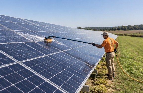 Technician in safety gear, orange polo, and khaki pants detailing large ground mounted solar array