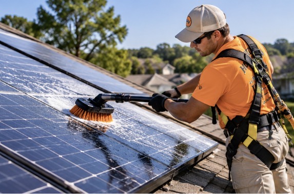 Professional technician in bright orange polo and khaki hat cleaning residential rooftop solar panels with pure water brush