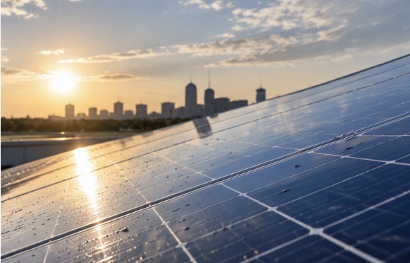 Close up of solar panel cleaning brush lifting dust and grime with purified water stream